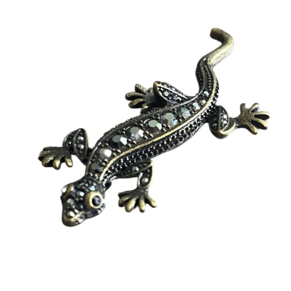 Lia Sophia lizard Brooch black crystal antique gold plate Brass Reptile